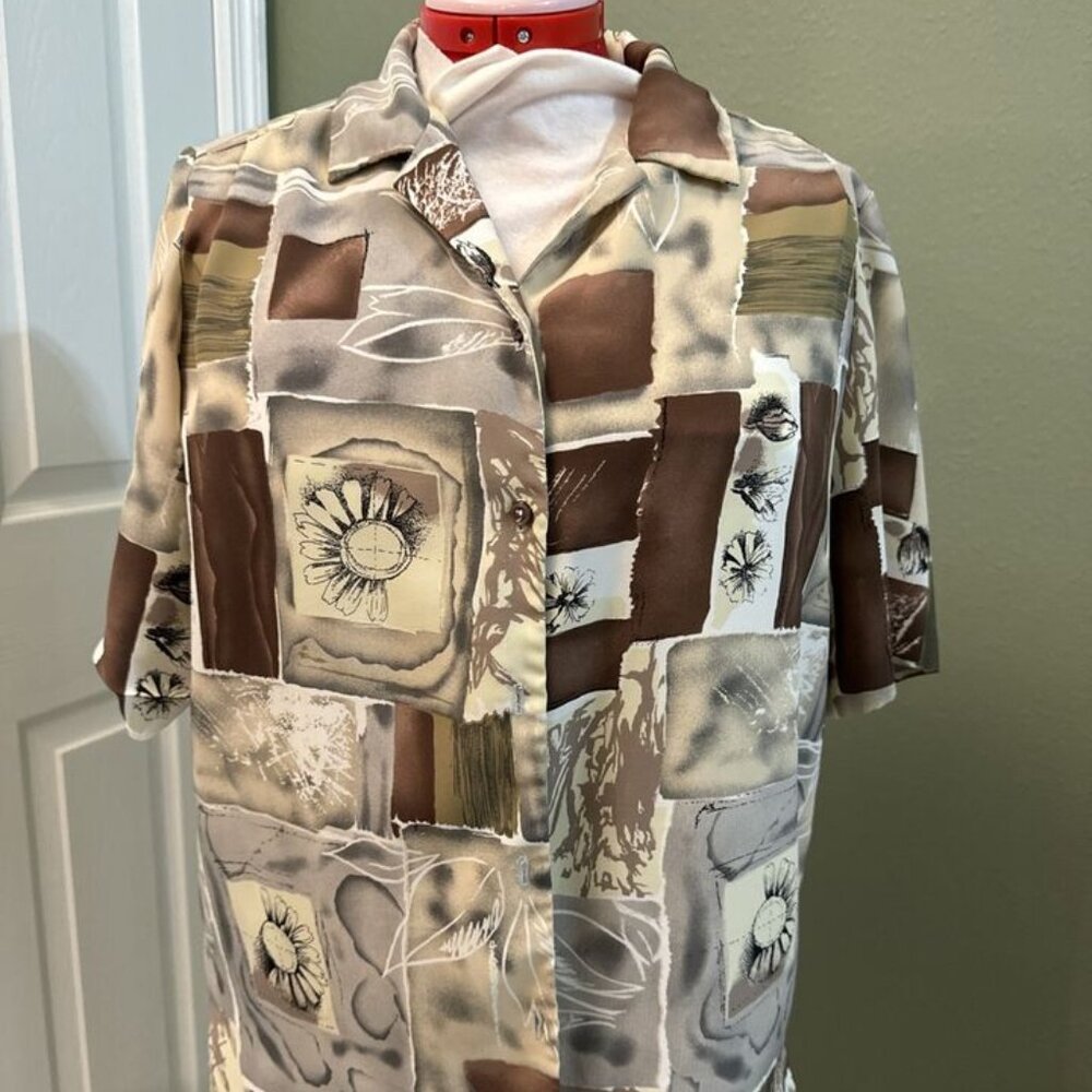 Vintage Blouse Women’s 1980s Geometric Brown Flower